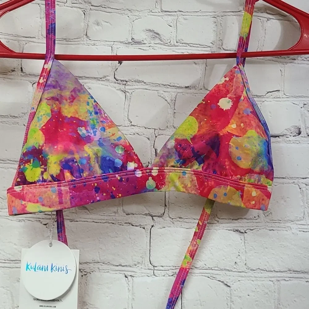 Kulani Kinis Sherbet Triangle Bikini Top Hot Pink Tie Dye Medium NWT Swimsuit